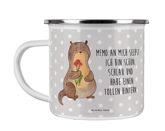 Camping Emaille Tasse Otter Blumenstrauß - Geschenk, Seeotter, Otter Seeotter See Otter, Fischotter, süß, Campingtasse, Trinkbecher,