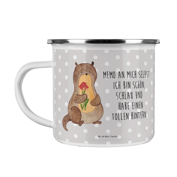 Camping Emaille Tasse Otter Blumenstrauß - Geschenk, Seeotter, Otter Seeotter See Otter, Fischotter, süß, Campingtasse, Trinkbecher,