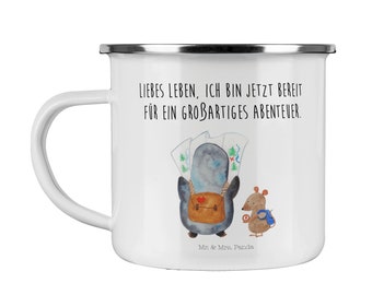 Camping Emaille Tasse Pinguin & Maus Wanderer - Geschenk, Ausflug, Trinkbecher, Roadtrip, Abenteurer, Campingtasse, Wanderlust, Pinguine,