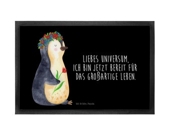 40 x 60 Fußmatte Pinguin Blumenkranz - Geschenk, Fußabstreifer, Leben, Motivfußmatte, Blumenliebe, Universum, Selbstliebe, Haustürmatte,