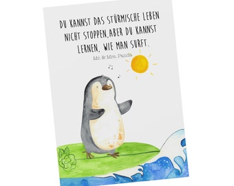 Postkarte Pinguin Surfer - Geschenk, Wellen, Urlaub, Hawaii, Geschenkkarte, Einladung, Grußkarte, Ansichtskarte, Wellen reiten,