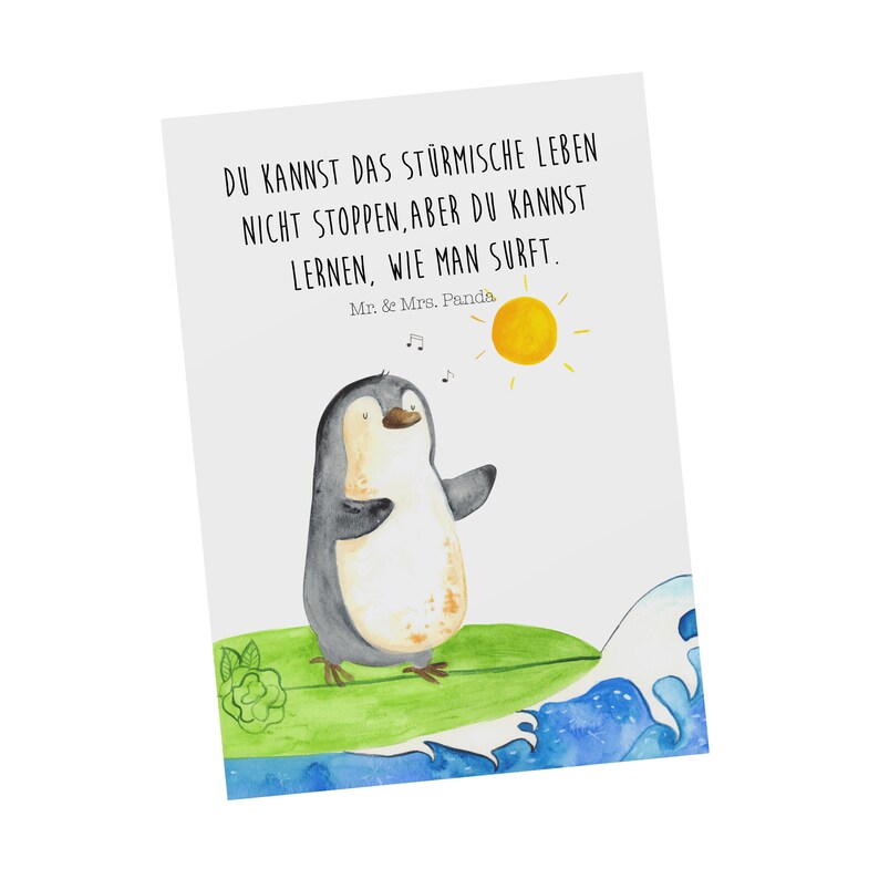 Postkarte Pinguin Surfer Geschenk, Wellen, Urlaub, Hawaii, Geschenkkarte, Einladung, Grußkarte, Ansichtskarte, Wellen reiten, Bild 1
