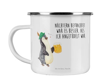 Camping Emaille Tasse Pinguin Bier - Geschenk, Outdoor Tasse, Bierchen, Metalltasse, Campingtasse, Trinkbecher, Pinguine