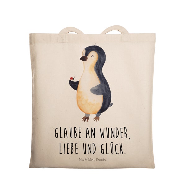 Tragetasche Pinguin Marienkäfer - Geschenk, Lebensfreude, Liebe, Jutebeutel, Beuteltasche, Glück, Beutel, Stoffbeutel, Einkaufstasche,