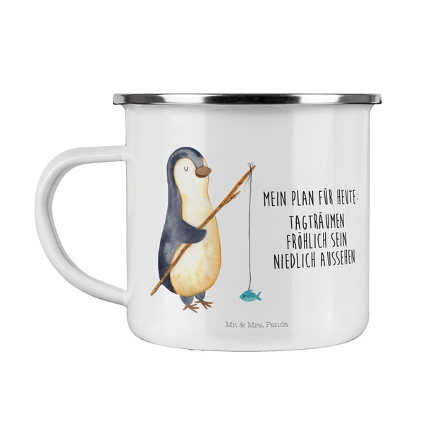 Camping Emaille Tasse Pinguin Angler - Geschenk, Outdoor Tasse, Metalltasse, Plan, Campingtasse, Trinkbecher, Tagträume, Seevogel, Hobby