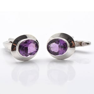 Trendy 925 Sterling Silver Gemstone Cufflinks - Amethyst Cufflinks - Men&#39;s Cufflinks- Fine Gemstone Purple Amethyst Cufflink - gifts For Dad