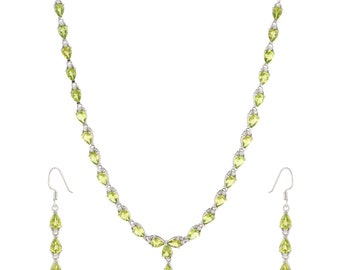 Natural Peridot gemstone necklace earrings set - Green Peridot Gemstone Jewelry Sets - Silver Drop Hook Earrings Necklace Women Wedding Sets