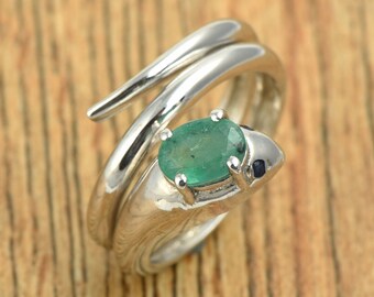 Emerald Sapphire Snake Ring: Handmade 925 Sterling Silver Serpent