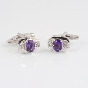 925 Sterling Silver Amethyst Gemstone Cufflinks - Oval Cut Purple Amethyst Cufflinks - Silver Cufflinks - Men&#39;s Cufflinks- gifts For Dad