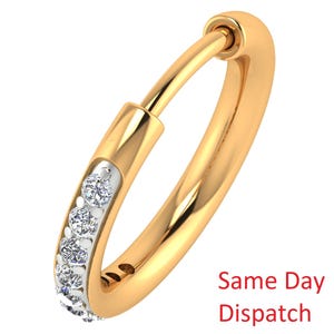 14k Yellow Gold Diamond Nose Ring - 0.05cts Natural Diamond Pierced Nose Hoop ring - 14k White Gold Women Nose Ring - 9mm inner diameter