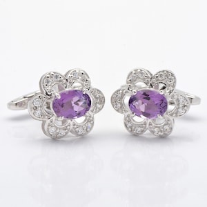 925 Sterling Silver Amethyst Cufflinks - Oval Cut Purple Amethyst Gemstone Cufflinks - Men&#39;s Cufflinks - Flower Cufflinks - gifts For Dad
