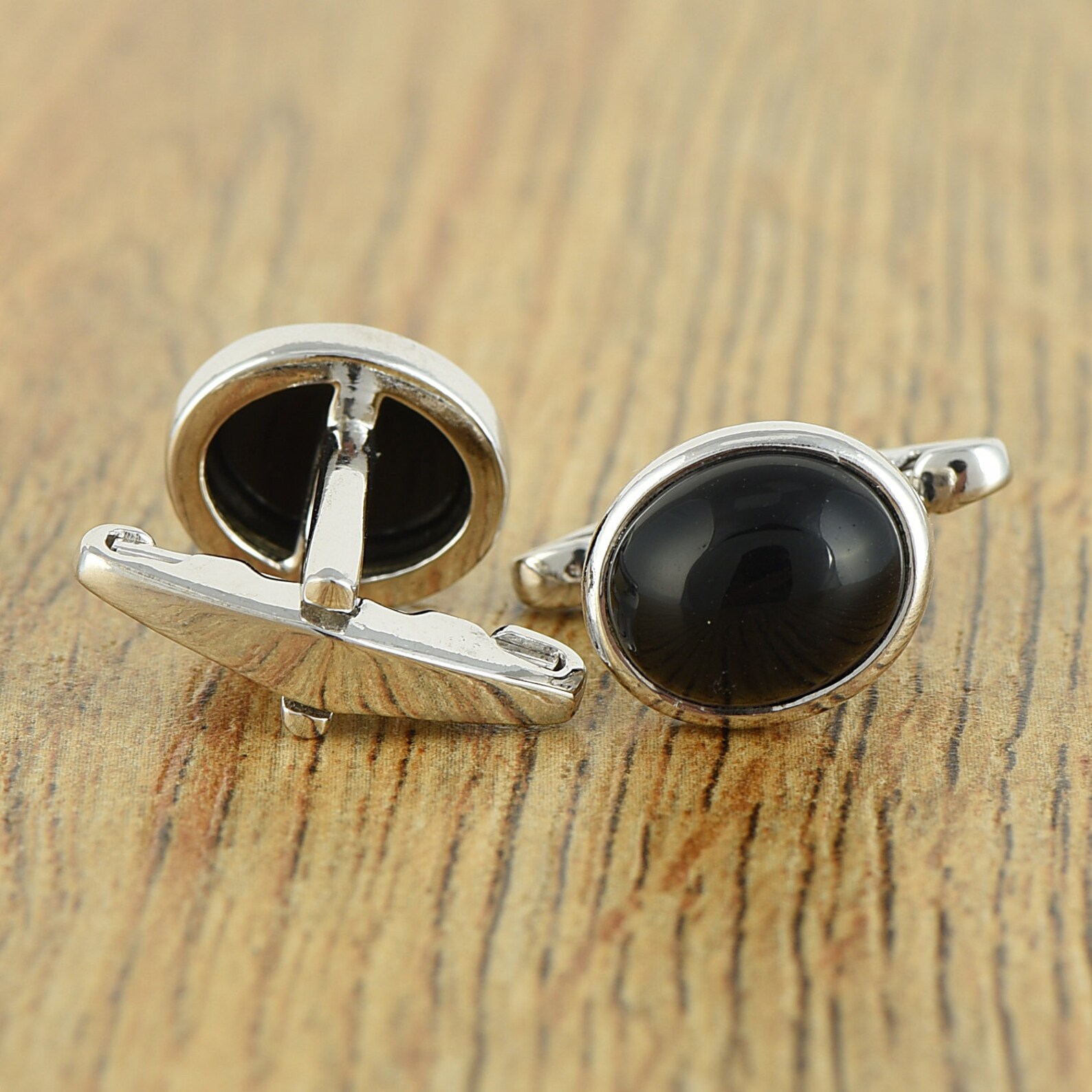 925 Sterling Silver Gemstone Cufflinks Black Onyx Cabochon Stone