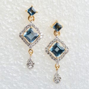 14k Gold London Blue Topaz Diamond Dangle Earrings