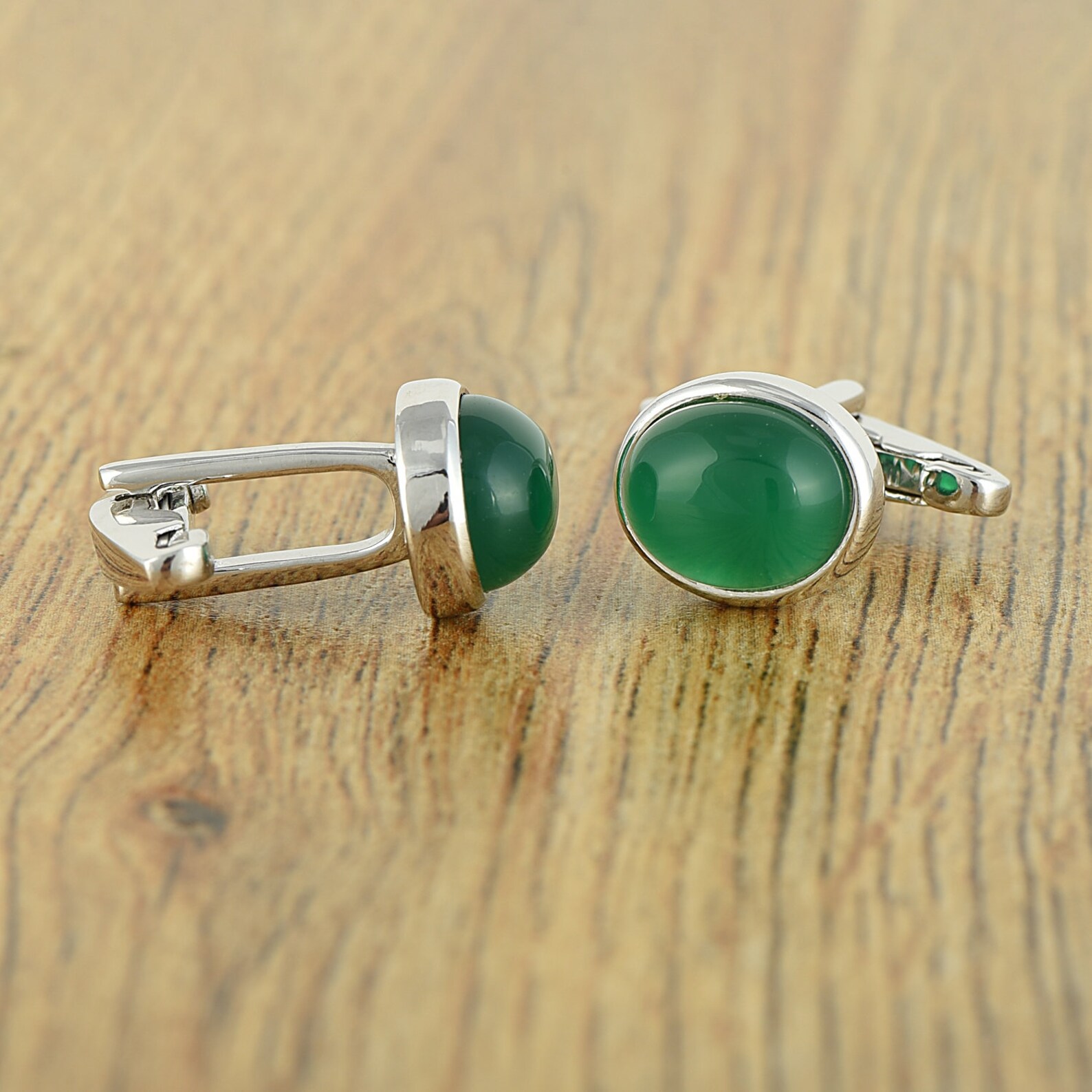 925 Sterling Silver Gemstone Cufflinks Green Onyx Cabochon Stone