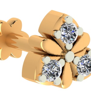 14k Gold Diamond Floral Nose Stud: 0.05 Carat Screw Back Pin