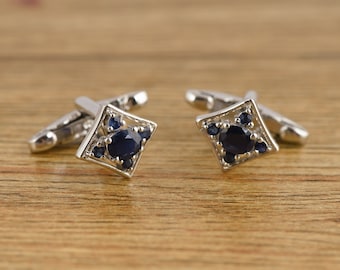 925 Sterling Silver Men's Cufflinks - Natural Blue Sapphire gemstone Cufflinks - Men's Cufflinks - 925 Silver sapphire Cufflinks Jewelry