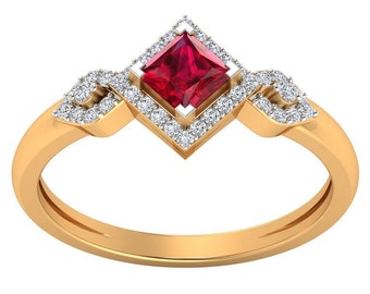 Trendy Diamond Ruby Ring- 14k Yellow Gold Band Ring - Real Diamond Ring -  Ruby Gemstone Ring - Certified Diamond Gold Ring