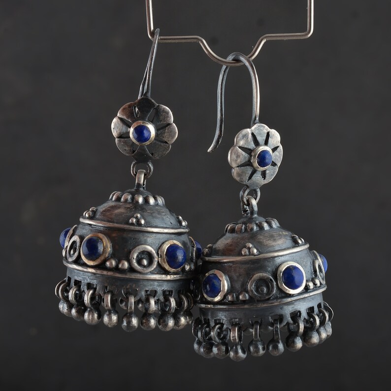 Natural Blue Lapis Gemstone 925 Sterling Silver Jumkas Earring