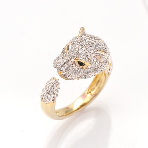 Natural White diamond Panther ring * 14k Yellow Gold Ring * Black Onyx eyes Open Loop Puma Head Ring * Minimalist ring * gift for her/him