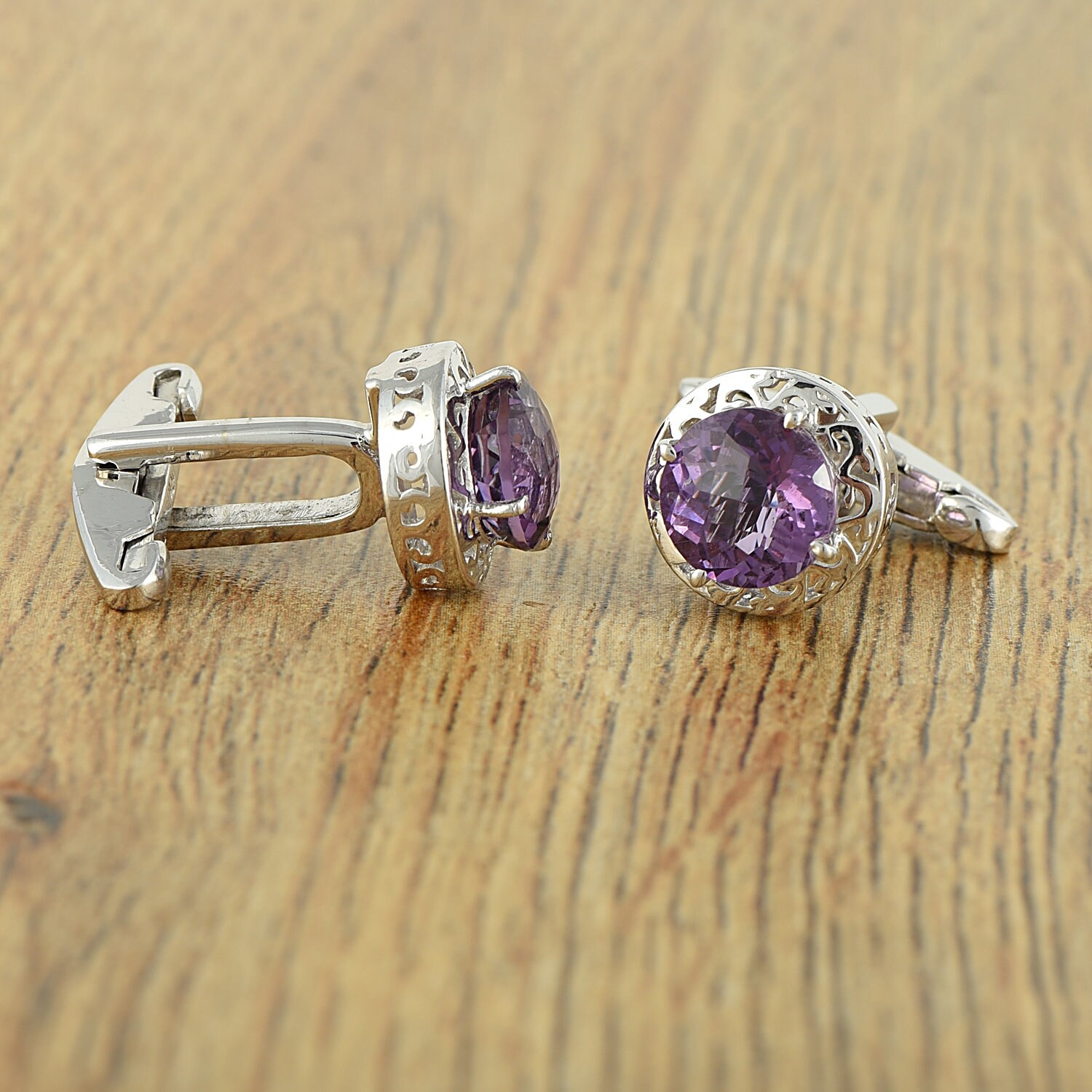 925 Sterling Silver Gemstone Cufflinks Amethyst Round Cut Cufflinks Men's Cufflinks Fine