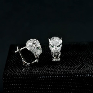 1.32Cts Natural White Diamond Panther Earrings - 14k White Gold Diamond Emerald Huggie Earrings - Vintage Puma head Earrings - gift for her