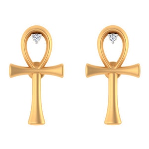 Diamond Ankh Earrings: 18k Yellow Gold Key of Life Studs