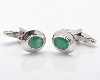 925 Sterling Silver Green Emerald Cufflinks - Men's Cufflinks- Oval Cut Fine Gemstone Green Emerald Cufflinks - Silver Gemstone Cufflinks