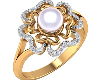 14k Yellow Gold Fresh Water Pearl Gemstone Ring - - Anniversary Wedding ring - Natural Diamond Pear Ring - Minimalist Ring - Flower Ring
