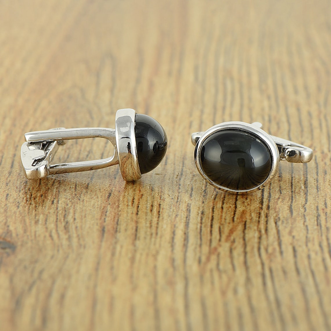 925 Sterling Silver Gemstone Cufflinks Black Onyx Cabochon Stone
