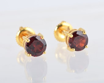 14k Gold Red Garnet Stud Earrings: 6mm Round Cut Gemstones stud for girls
