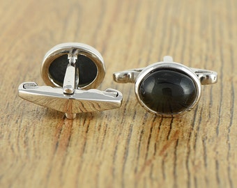 925 Sterling Silver Gemstone Cufflinks - Black Onyx Cabochon Stone Cufflinks - Men's Cufflinks- Fine Black Gemstone Onyx Stone  Cufflinks