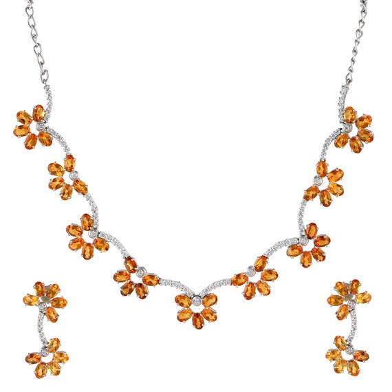 Sterling Silver Citrine Jewelry Set: Floral Necklace Stud Earrings