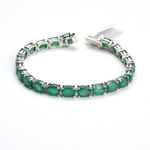 925 Sterling Silver Green Onyx Bracelet - 23.20cts Green Onyx Gemstone Bracelet - 8x6mm oval cut Natural Green Onyx Silver Bracelet 7.5&quot;