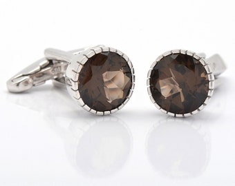 Trendy 925 Sterling Silver Gemstone Cufflinks - Round Cut Smoky Quartz Cufflinks - Men's Cufflinks- Fine Gemstone Smoky Quartz Cufflinks