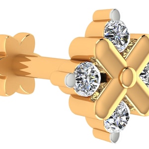 14k Gold Diamond Nose Stud: Floral Pierced Nostril Pin (0.06ct)