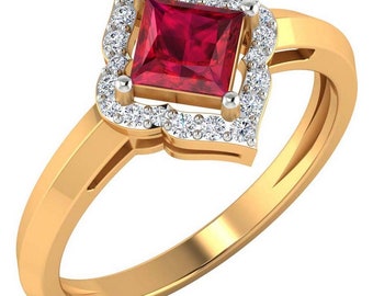 Trendy Natural Ruby Diamond Ring- 14k Yellow Gold Ruby diamond Wedding Ring - Princess cut Red Ruby Ring- All sizes available