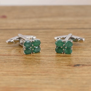 925 Sterling Silver Man's Cufflinks - Natural Emerald Stone Cufflinks - Green Men's Cufflinks - Men's Gift Cufflinks - - gifts For Dad