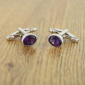 925 Sterling Silver Amethyst Gemstone Cufflinks - 8x6mm oval cut purple amethyst Cufflinks, Men&#39;s Cufflinks- gifts For Dad