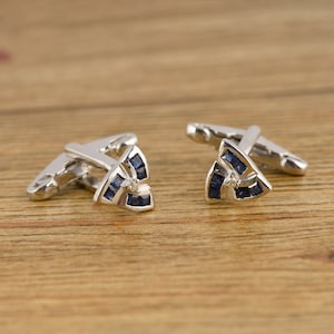 Natural Blue Sapphire Silver Cufflinks - 925 Sterling Silver Men's Cufflinks - Silver Diamond Cufflinks - Gemstone Cufflink - gifts For Dad