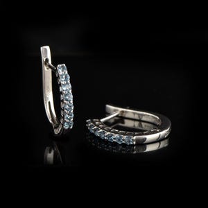 Natural Blue Topaz 7 Stone Semi Hoop Earrings / Solid 14k Gold / Thin Hoops 12 MM / Dainty Latch Back Earrings /December birthstone Earrings
