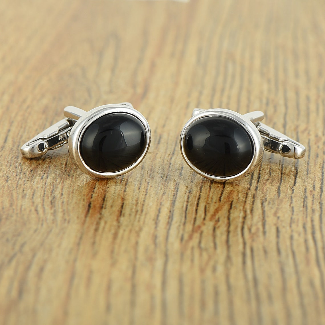 925 Sterling Silver Gemstone Cufflinks Black Onyx Cabochon Stone