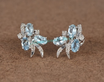 Oval Aquamarine Diamond Stud Earrings: 925 Sterling Silver