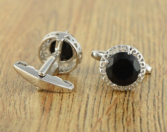 925 Sterling Silver Gemstone Cufflinks -Black Onyx Cut Cufflinks -Men's Cufflinks- Fine Gemstone Black Cufflinks, Round Cut Stone Cufflinks
