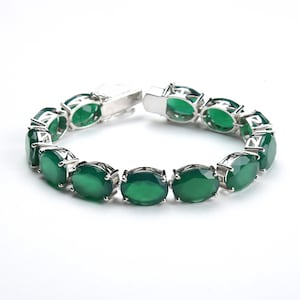 Trendy 925 Sterling Silver Green Onyx Bracelet, 90cts Green Onyx Gemstone Bracelet, 14x10mm oval cut Natural Green Onyx Womens Bracelet 6-8&quot;