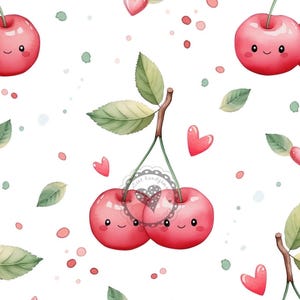 Könnte beinhalten: Ein sich wiederholendes Muster aus lächelnden roten Kirschen, grünen Blättern und rosa Herzen auf weißem Hintergrund. Die Kirschen haben niedliche, cartoonartige Gesichter. Aquarellstil mit sanften Farben und einem verspielten Design.
