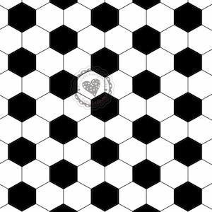 Könnte beinhalten: Wiederholendes Muster aus schwarzen und weißen Sechsecken, das an einen Fußball erinnert. Das Design besteht aus abwechselnd schwarzen und weißen Formen, die ein geometrisches Muster bilden. Ein kleines Emblem mit einem Herzen ist in der Mitte sichtbar.