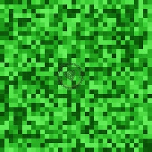 Könnte beinhalten: Ein pixeliger grüner Hintergrund mit unterschiedlich hellen grünen Quadraten. Ein kreisförmiges Logo mit einem Herzdesign ist in der unteren rechten Ecke sichtbar. Das Design erinnert an ein Videospiel.