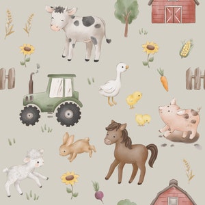 In-house productions organic French Terry farm gray spring handmade exclusive baby fabric tractor jersey children's fabric horse animals