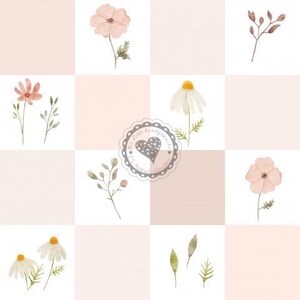 Könnte beinhalten: Ein Aquarell-Blumenmuster mit rosa und weißen Blumen, Blättern und Zweigen, die in einem Raster angeordnet sind. Das Design enthält ein zentrales Emblem mit einem Herzen und dem Text "little handmade". Der Hintergrund ist ein kariertes Muster aus hellrosa und weißen Quadraten.
