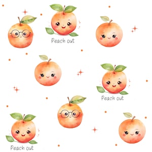 Könnte beinhalten: Ein nahtloses Muster mit Aquarell-Illustrationen von Pfirsichen mit niedlichen Gesichtern. Einige Pfirsiche tragen Brillen. Der Text "Peach out" wird im gesamten Muster wiederholt.